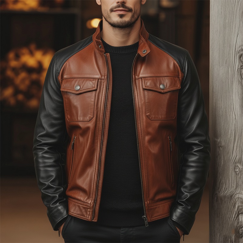 Men’s Winter Retro Contrast Color Stitching PU Faux Leather Jacket MTA2342J8P Brown