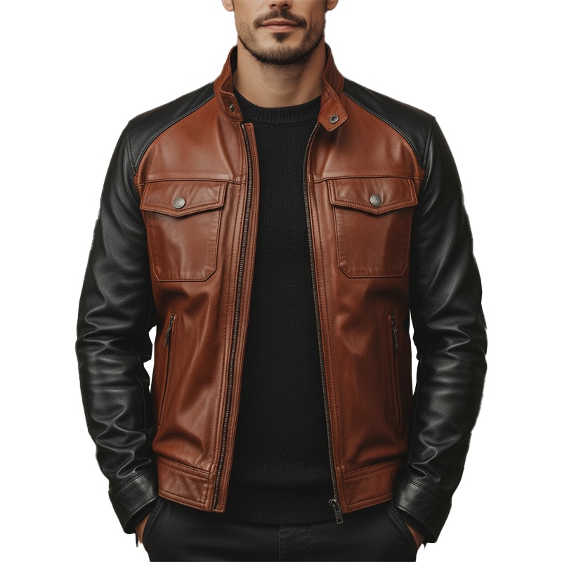 Men’s Winter Retro Contrast Color Stitching PU Faux Leather Jacket MTA2342J8P Brown