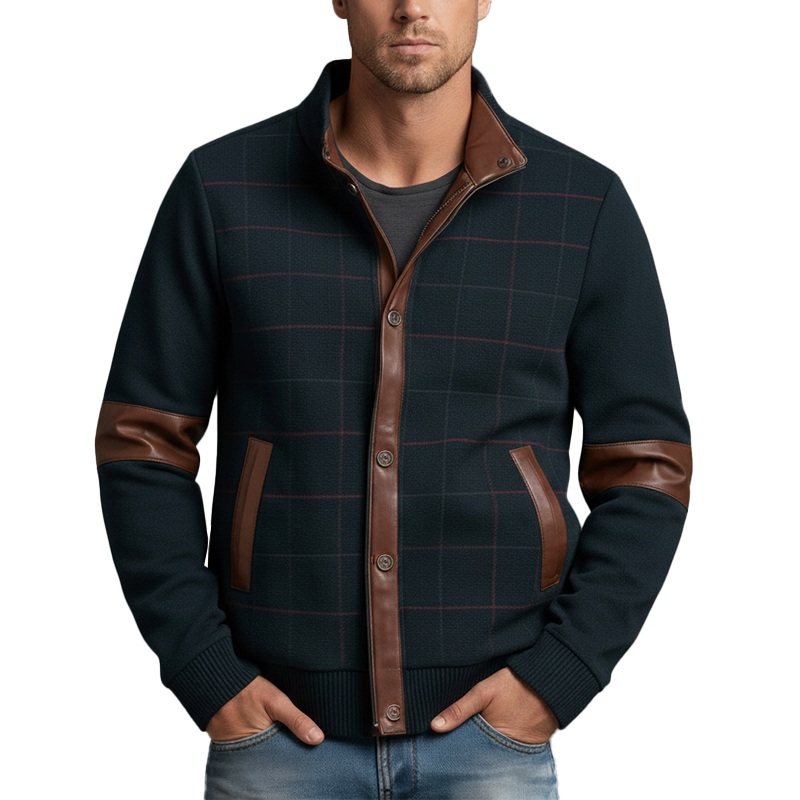 Men’s Winter Retro Polar Fleece Printed PU Patch Jacket MTA2396J6P Navy