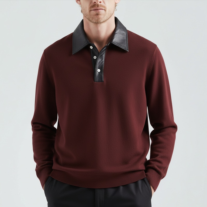Men’s Winter Retro PU Collar Knit Polo Shirt MTA2354J1P Burgundy