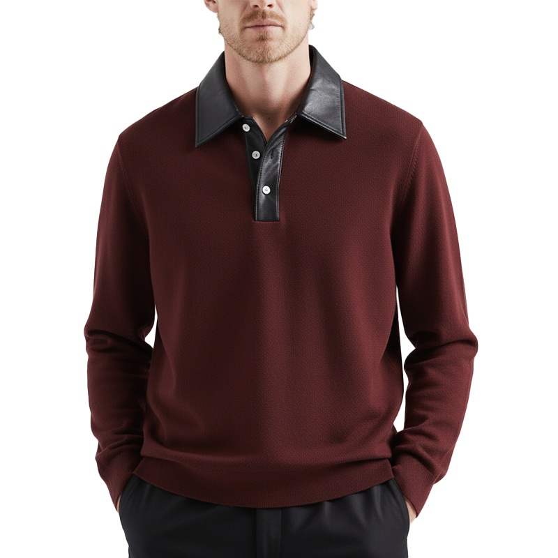 Men’s Winter Retro PU Collar Knit Polo Shirt MTA2354J1P Burgundy