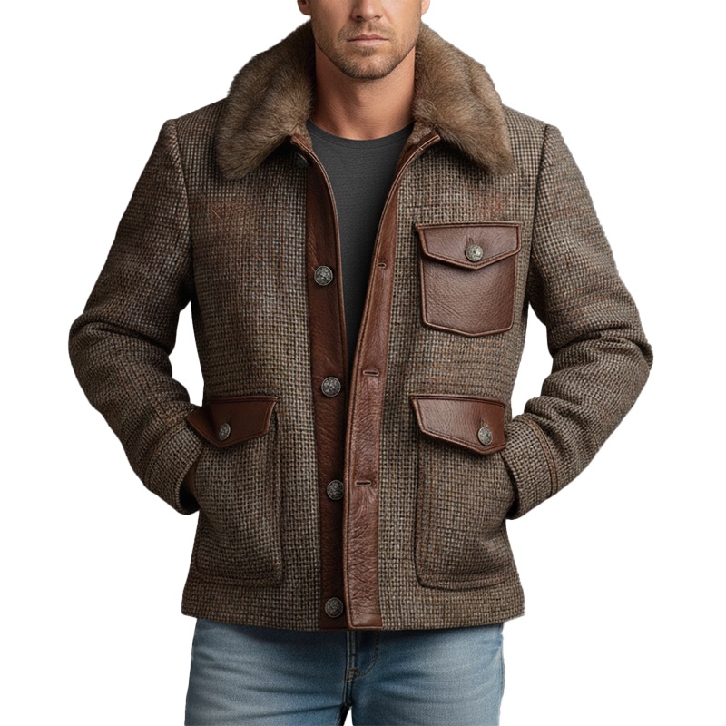 Men’s Winter Retro PU Patch Faux Wool Warm Jacket MTA2328J9P Photo Color