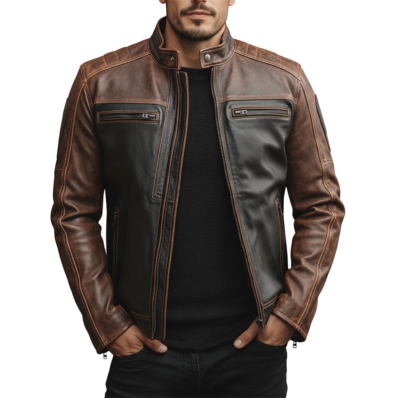 Men’s Winter Retro Texture PU Faux Leather Motorcycle Jacket MTA2354J5P Brown