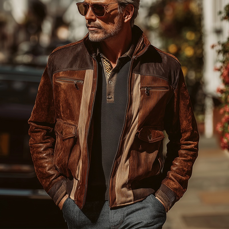 Men’s Winter Vintage Corduroy Faux Suede Stitching Warm Jacket MTA2380J1P Brown