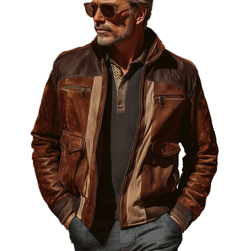 Men’s Winter Vintage Corduroy Faux Suede Stitching Warm Jacket MTA2380J1P Brown