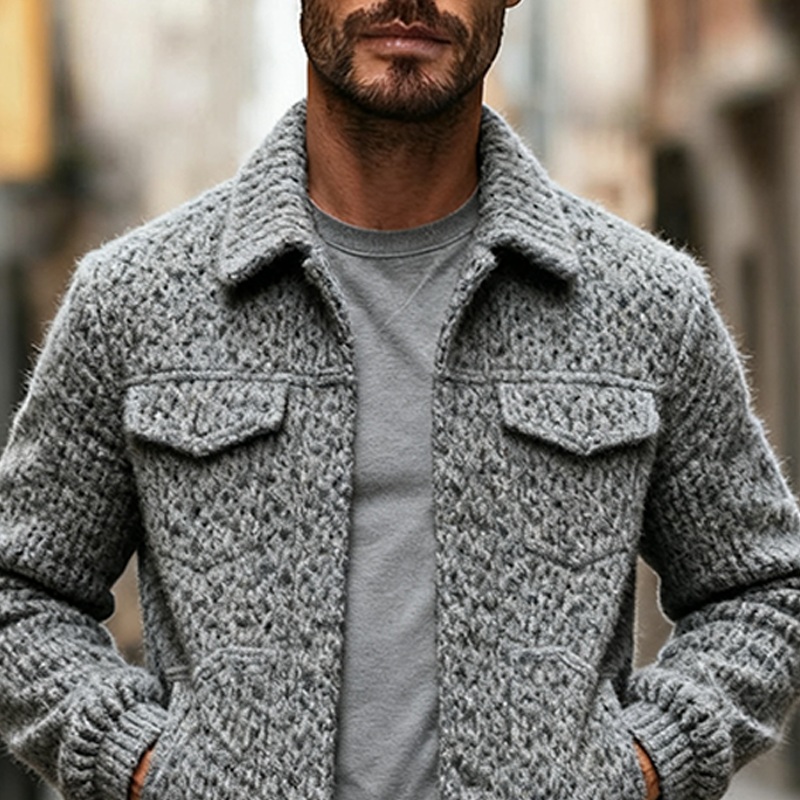 Men’s Blended Solid Color Faux Wool Lapel Button Jacket MTA2471J3X Gray