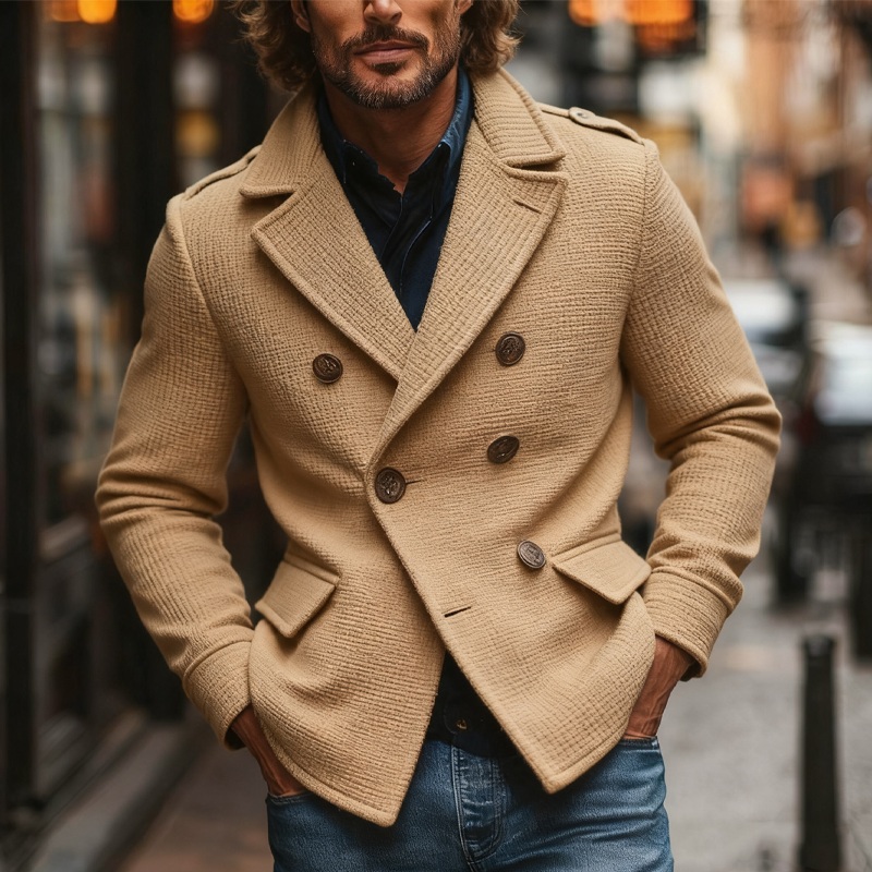 Men’s Blended Solid Color Lapel Double-breasted Jacket MTA2466J1X Khaki