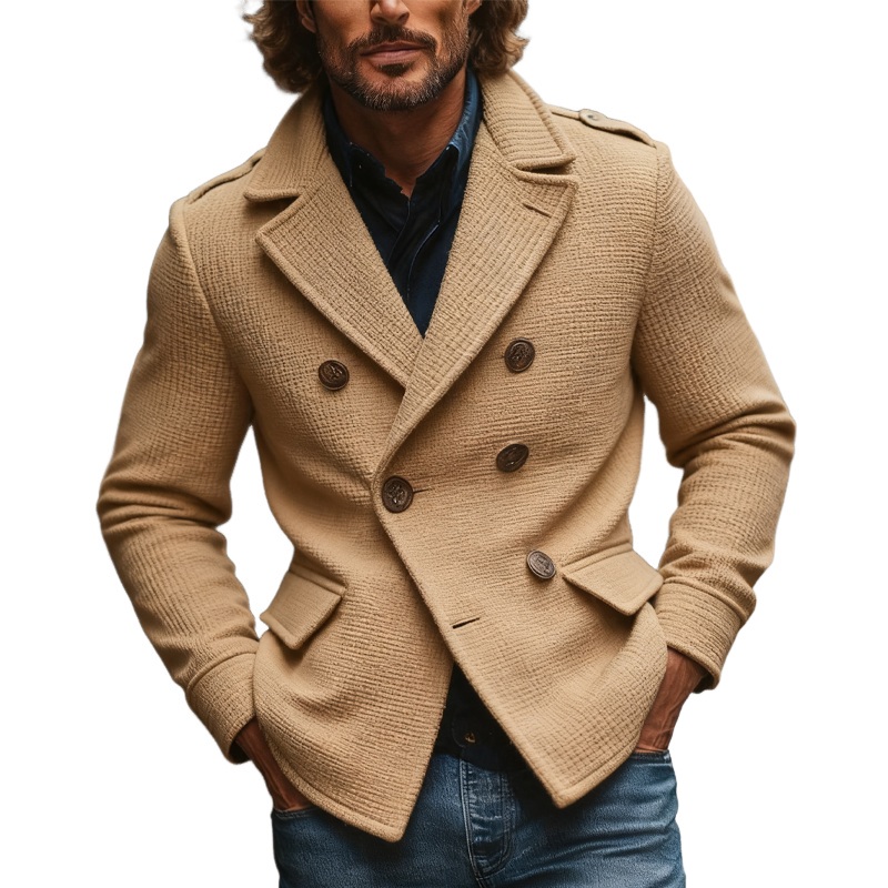 Men’s Blended Solid Color Lapel Double-breasted Jacket MTA2466J1X Khaki