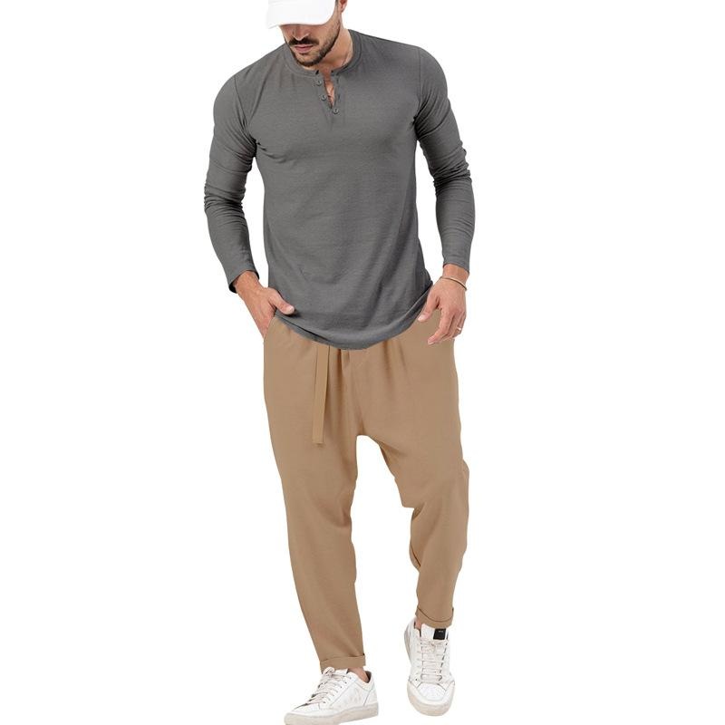 Men’s Solid Color Casual Long Sleeve Henley T-Shirt Trouser Set 72706978X Gray