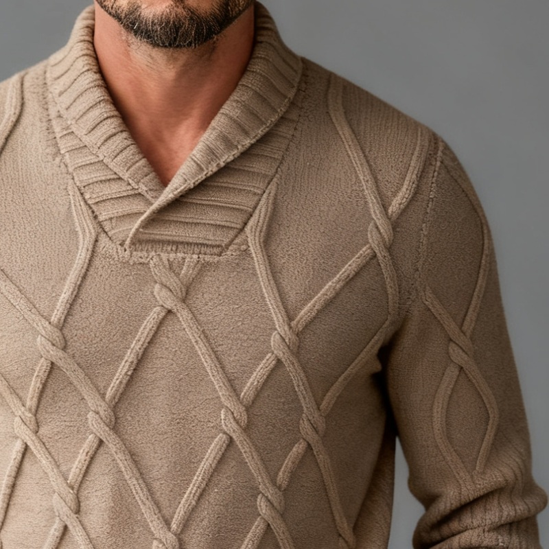 Men’s Solid Color Diamond Check Turtleneck Knitted Sweater MTA2495J4X Light Khaki