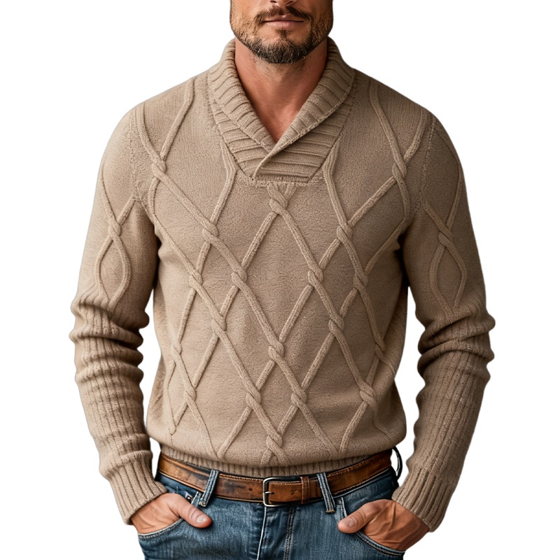 Men’s Solid Color Diamond Check Turtleneck Knitted Sweater MTA2495J4X Light Khaki