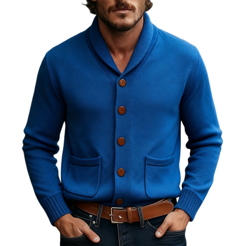 Men’s Solid Color Knitted Lapel Single-breasted Cardigan MTA2446J3X Royal Blue