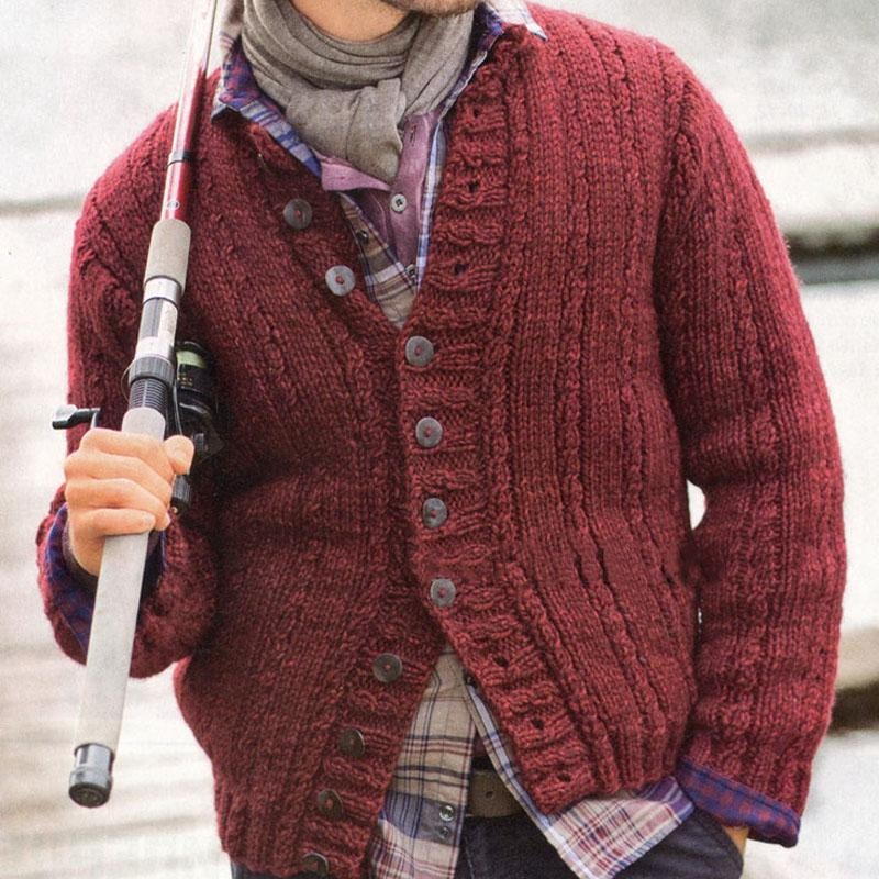 Men’s Solid Color Stand Collar Single Breasted Knitted Cardigan 08762779X Red