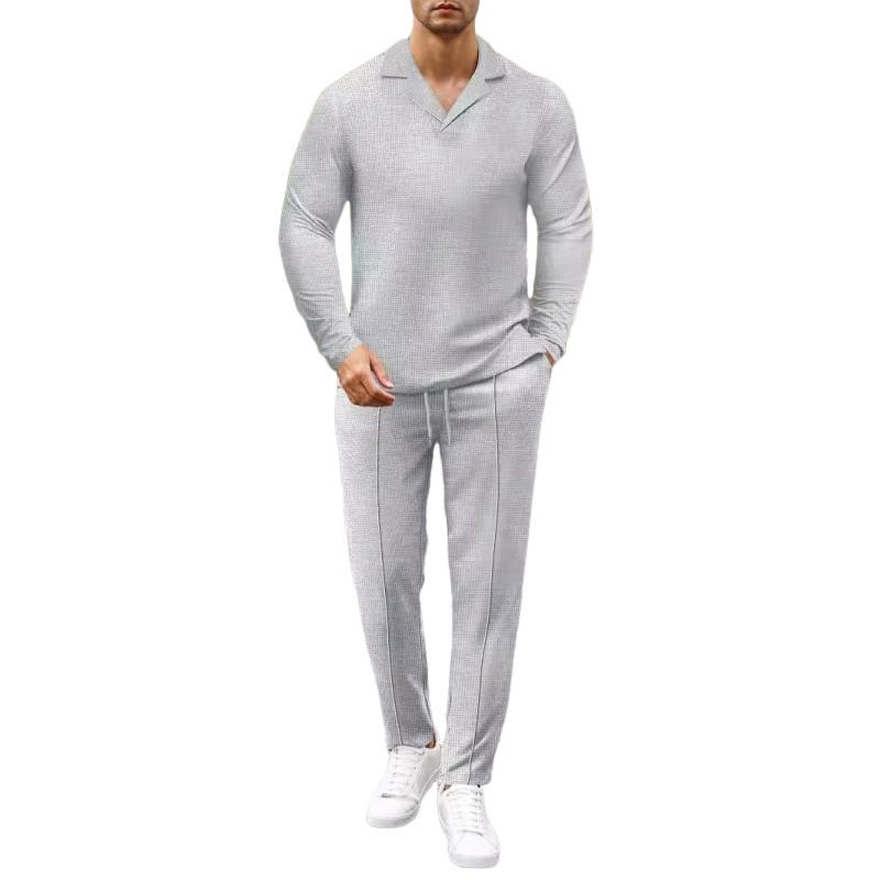 Men’s Solid Color Waffle Cuban Collar Long Sleeve T-Shirt And Pants Set 28710871Y Gray