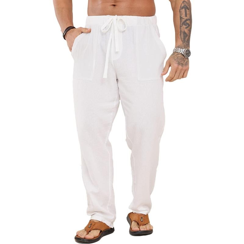 Men’s Solid Cotton And Linen Drawstring Elastic Waist Casual Pants 51036837Z White