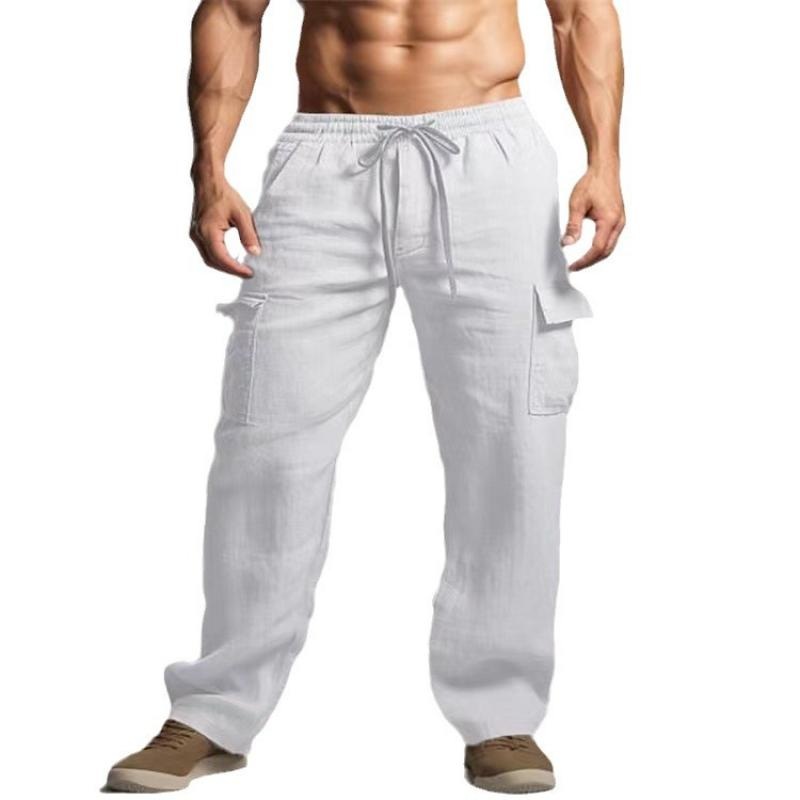 Men’s Solid Cotton And Linen Elastic Waist Multi-pocket Casual Pants 09929953Z Army Green