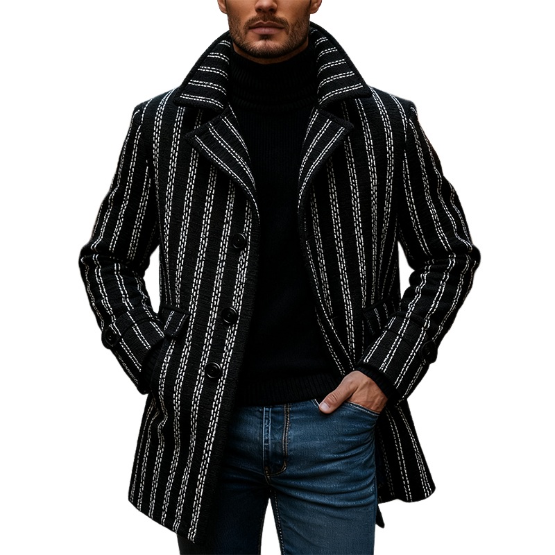 Men’s Vintage Striped Tweed Lapel Mid-Length Coat MTA2448J3X Black