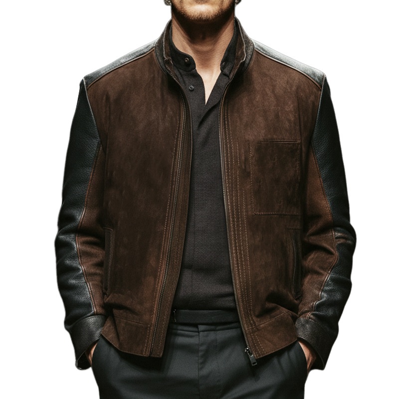 Men’s Vintage Suede And PU Leather Stand Collar Jacket MTA2341J5U Brown