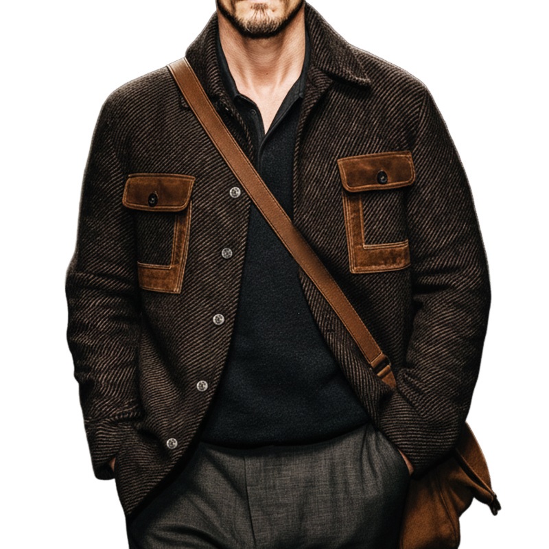 Men’s Vintage Twill Faux Wool Patchwork PU Leather Jacket MTA2312J7U Dark Brown