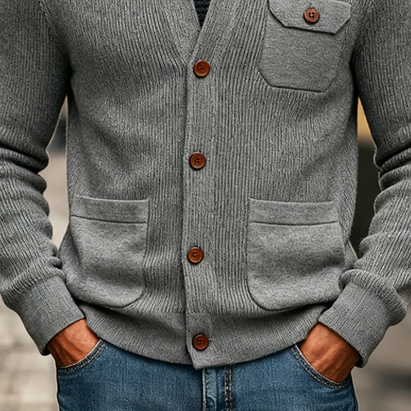 Men’s Casual Solid Color Knitted Lapel Cardigan MTA2485J7X Gray
