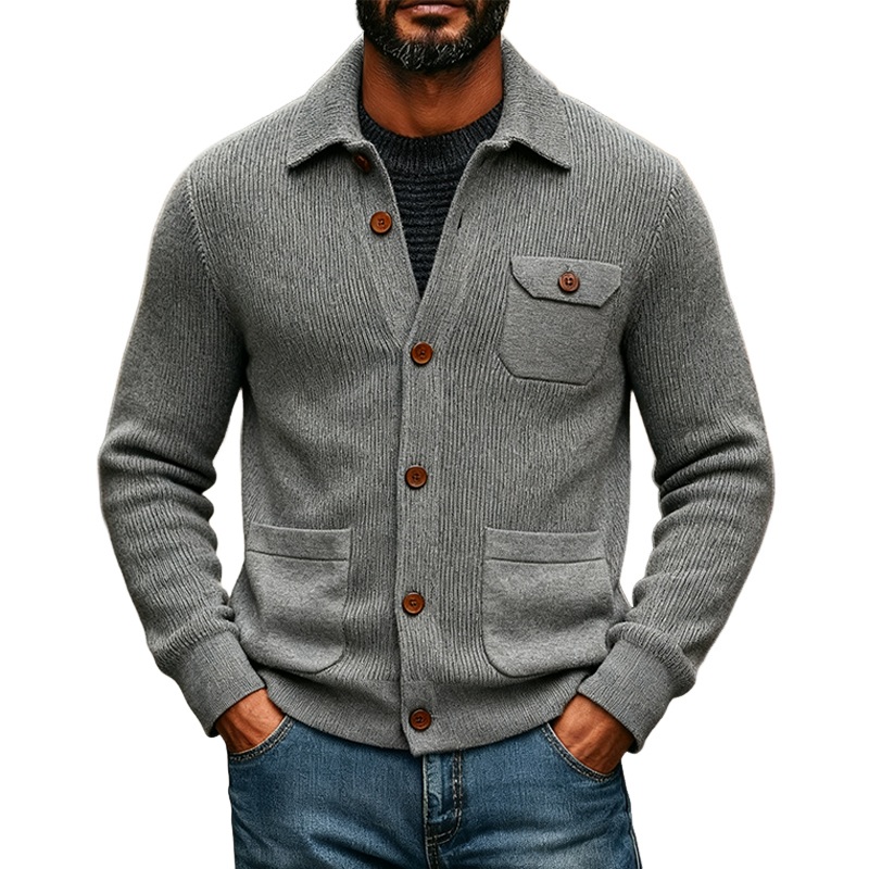 Men’s Casual Solid Color Knitted Lapel Cardigan MTA2485J7X Gray
