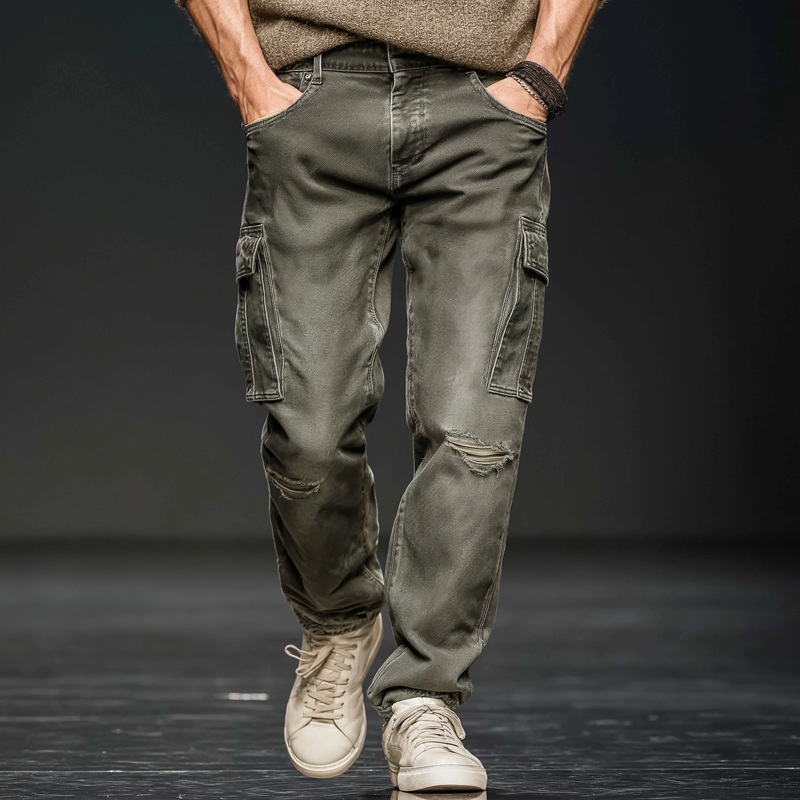 Men’s Classic Distressed Ripped Multi-pocket Straight Jeans MTA2463J1U Gray-green