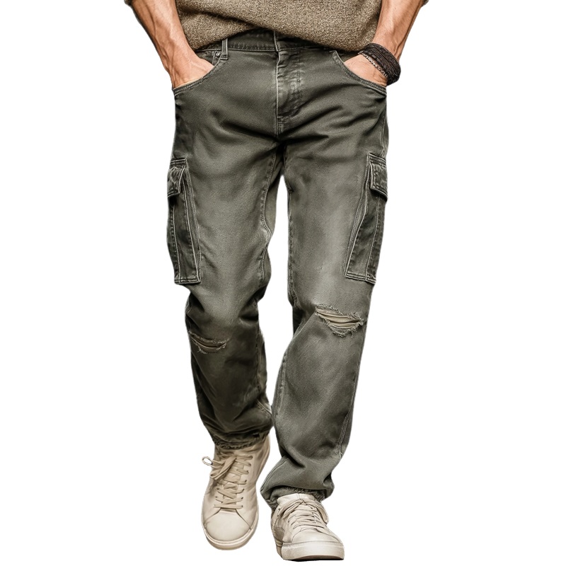 Men’s Classic Distressed Ripped Multi-pocket Straight Jeans MTA2463J1U Gray-green