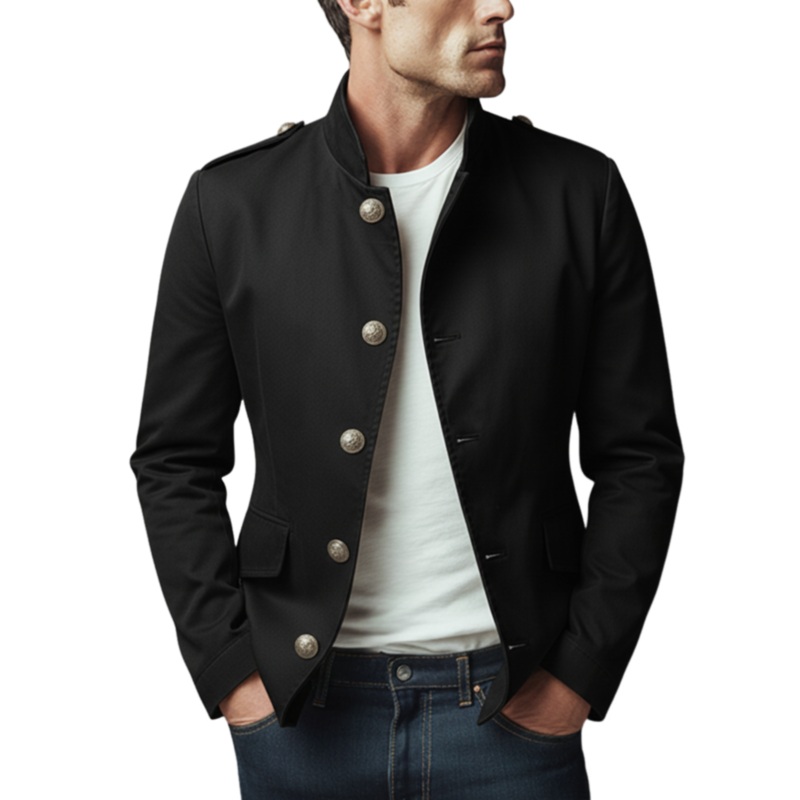 Men’s Classic Stand Collar Cotton Blend Single Breasted Slim Fit Jacket MTA2453J7K Black