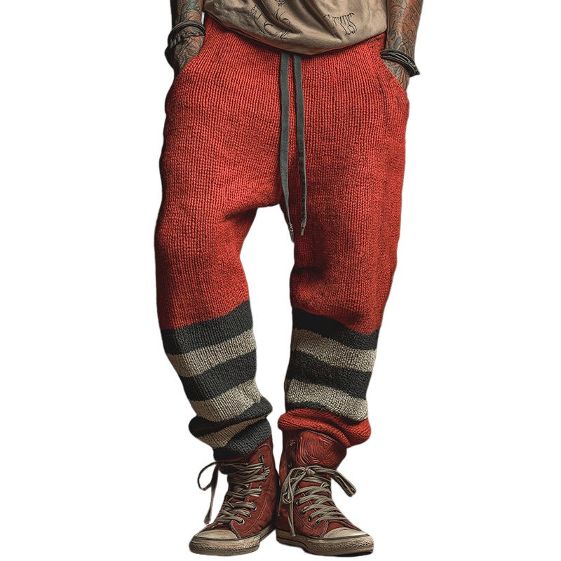 Men’s Retro Casual Knit Striped Drawstring Pants MTA2447J3TO Red