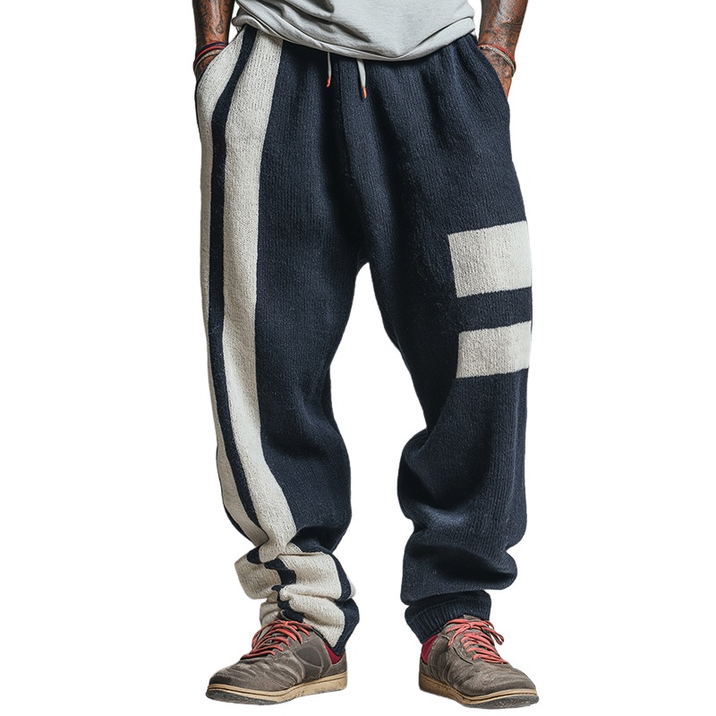 Men’s Retro Casual Knit Striped Drawstring Pants MTA2449J9TO Navy