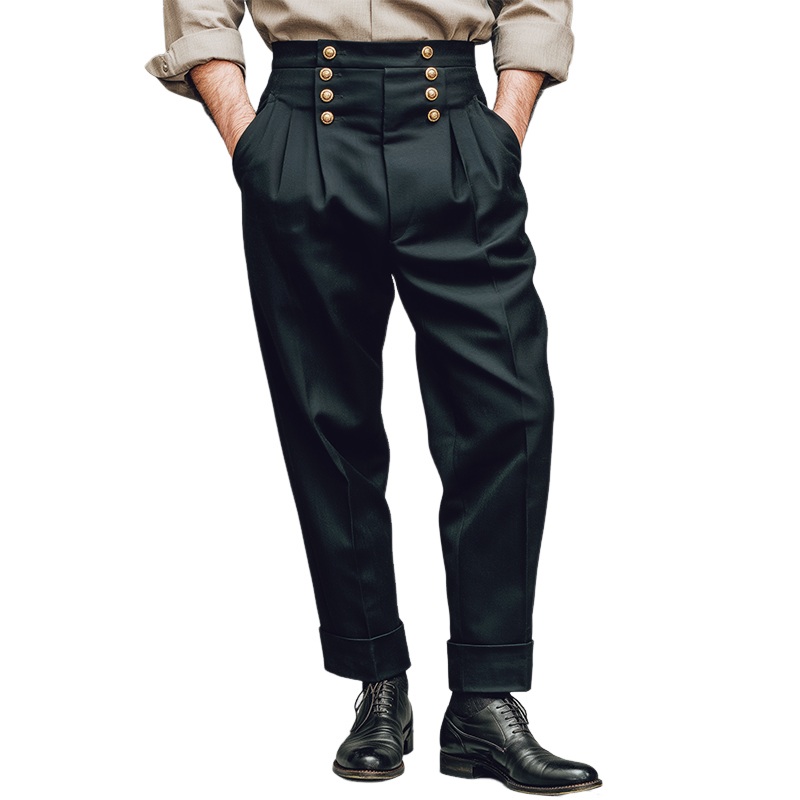 Men’s Retro Casual Metal Button Decorated Suit Pants MTA2439J7TO Black