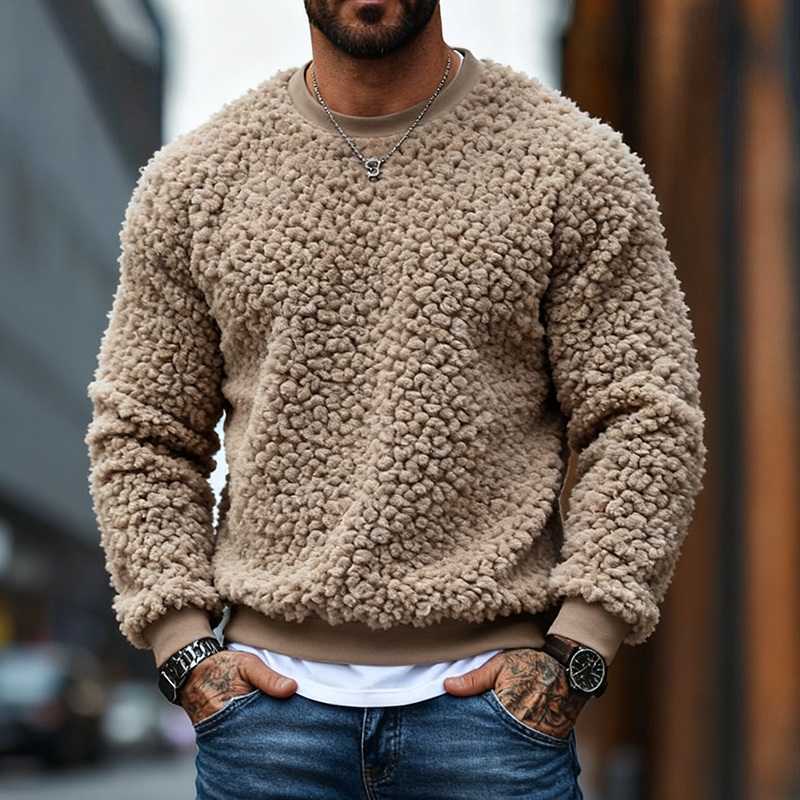 Men’s Solid Color Polar Fleece Loose Crew Neck Sweatshirt MTA2433J6X Light Khaki