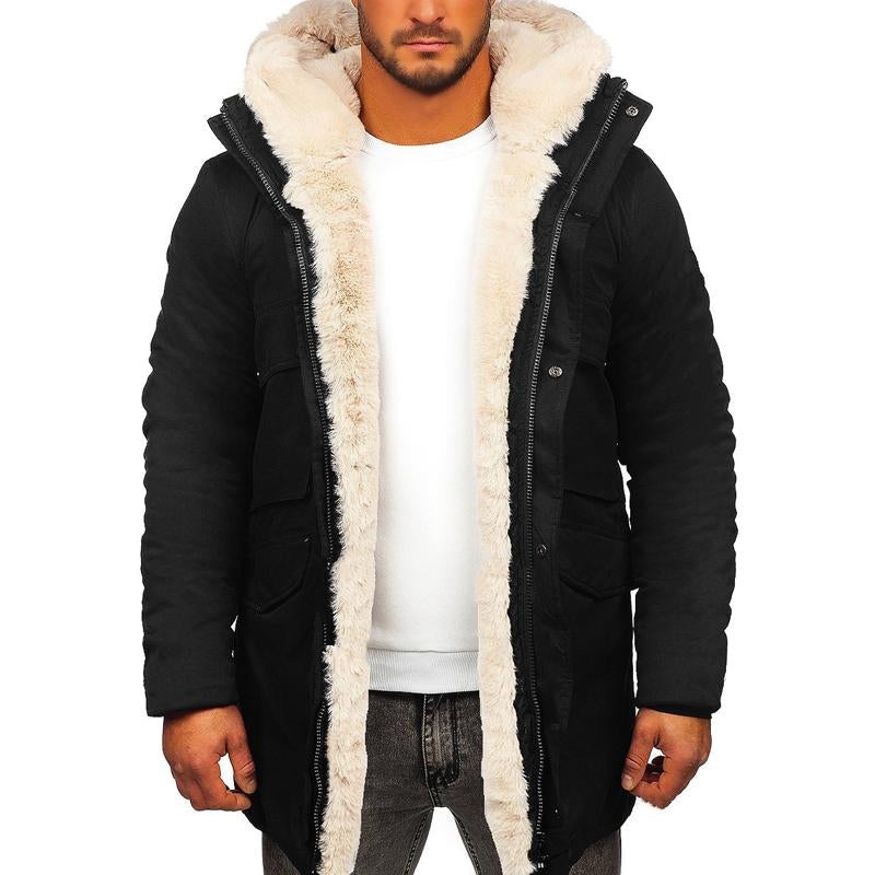 Men’s Solid Color Thickened Warm Imitation Leather Hooded Coat 54428748X Black