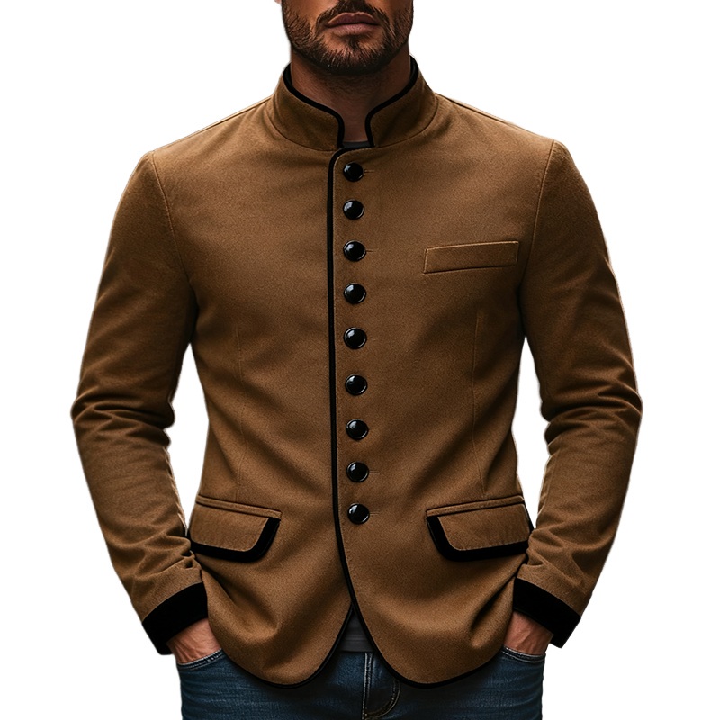 Men’s Blend Contrast Color Stand Collar Single Breasted Slim Fit Jacket MTA2525J8X Brown