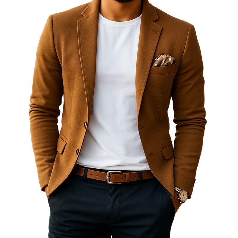 Men’s Business Solid Color Suede Double Button Double Slit Blazer MTA2542J2U Caramel