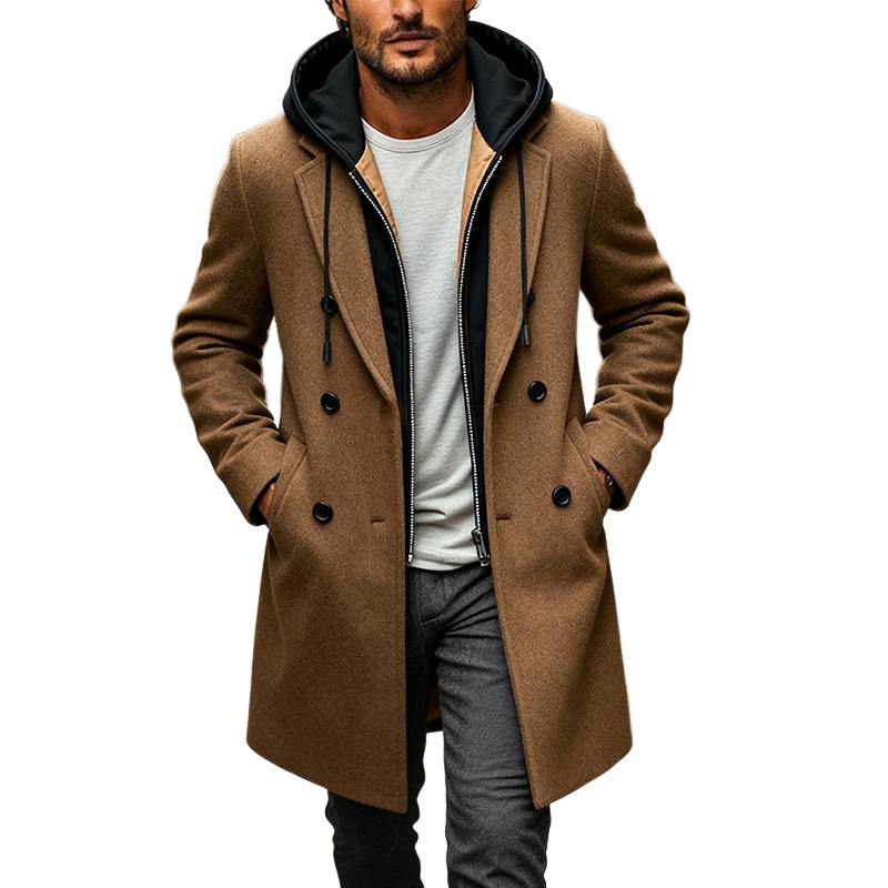 Men’s Casual Contrast Color Fake Two-piece Faux Wool Mid-length Coat MTA2477J3X Khaki