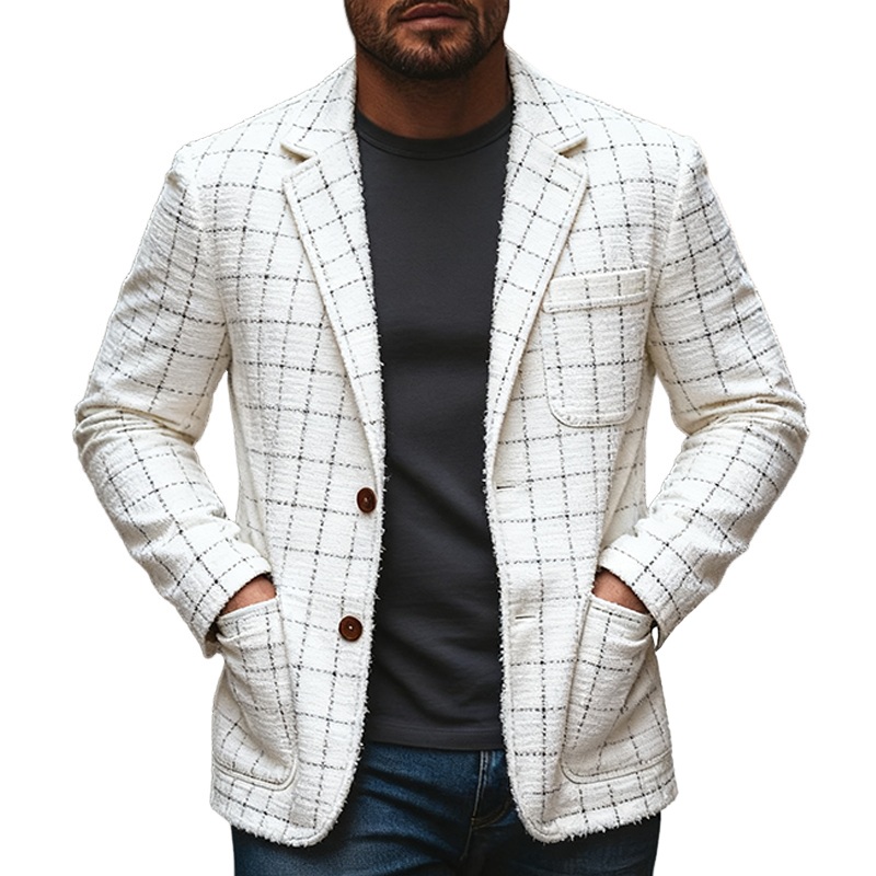 Men’s Casual Faux Wool Plaid Lapel Blazer MTA2576J3X White