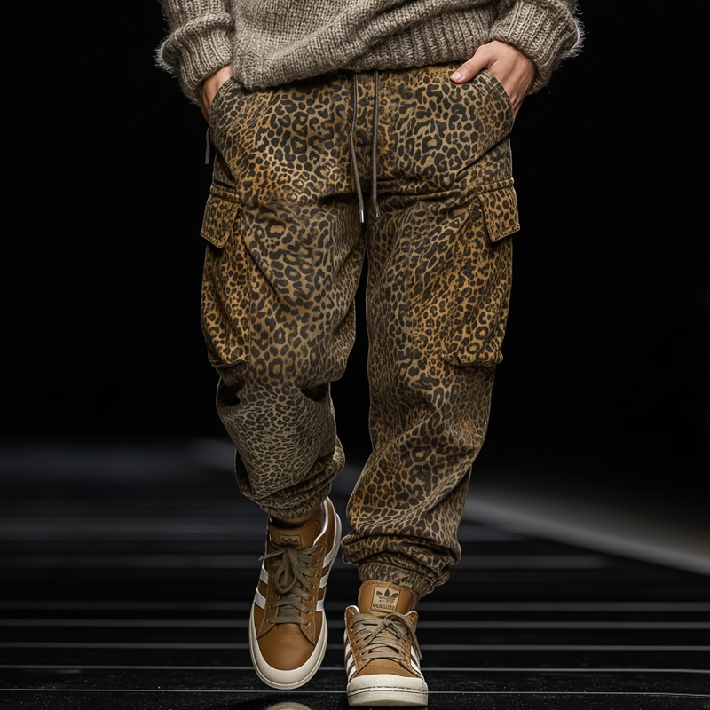 Men’s Classic Leopard Print Lace-Up Elastic Waist Sports Pants MTA2775J9U Khaki