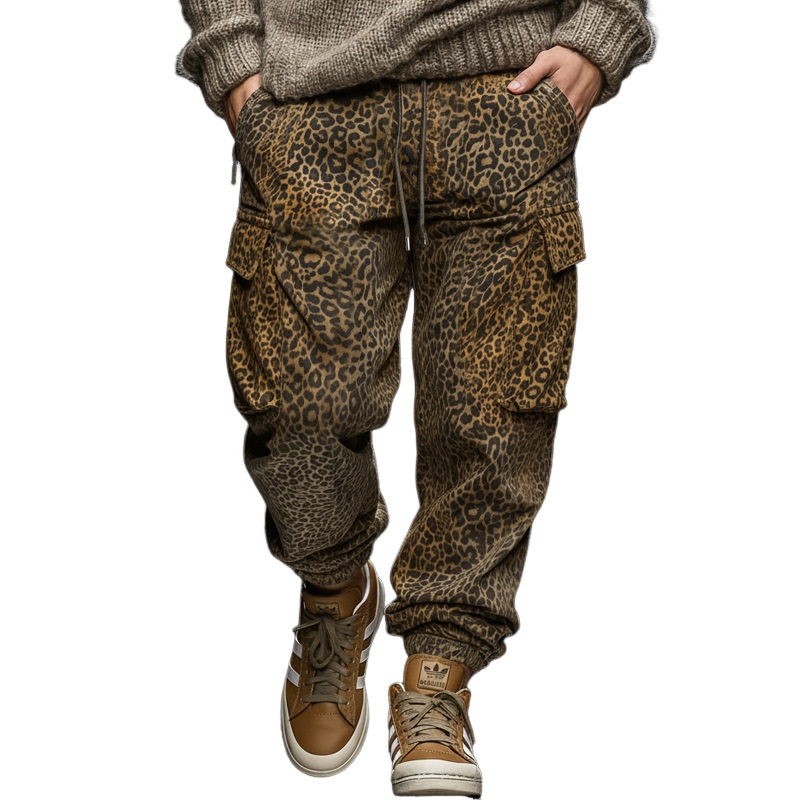 Men’s Classic Leopard Print Lace-Up Elastic Waist Sports Pants MTA2775J9U Khaki