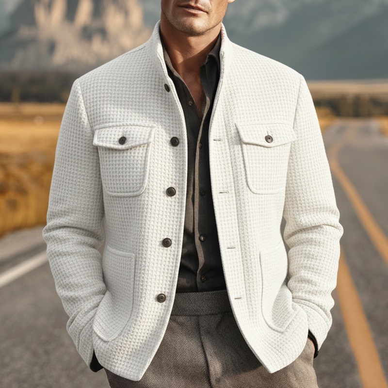 Men’s Classic Retro Stand Collar Multi-pocket Waffle Jacket MTA2500J8K White
