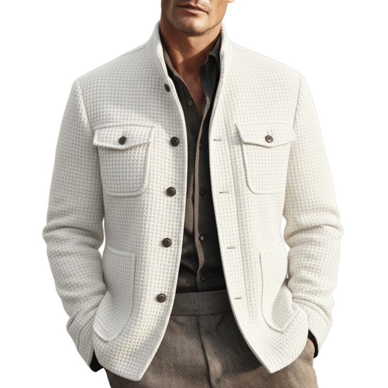 Men’s Classic Retro Stand Collar Multi-pocket Waffle Jacket MTA2500J8K White