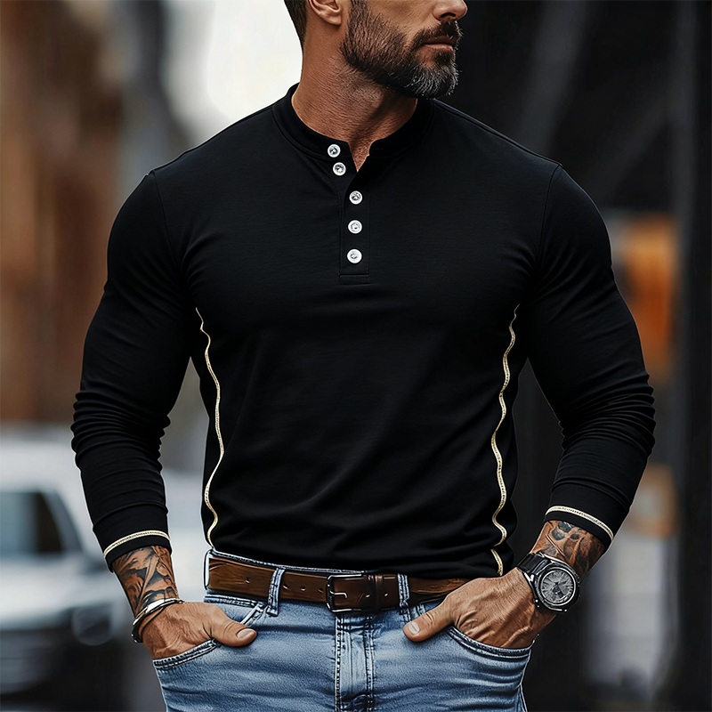 Men’s Solid Cotton Blend Long Sleeve Crew Neck Henley T-Shirt MTA2583J0X Black