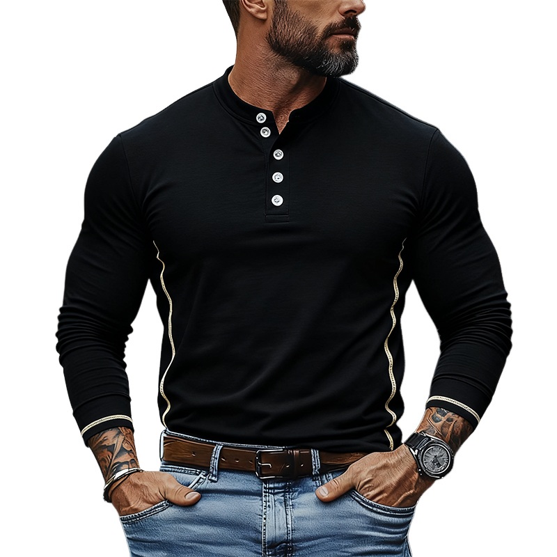Men’s Solid Cotton Blend Long Sleeve Crew Neck Henley T-Shirt MTA2583J0X Black