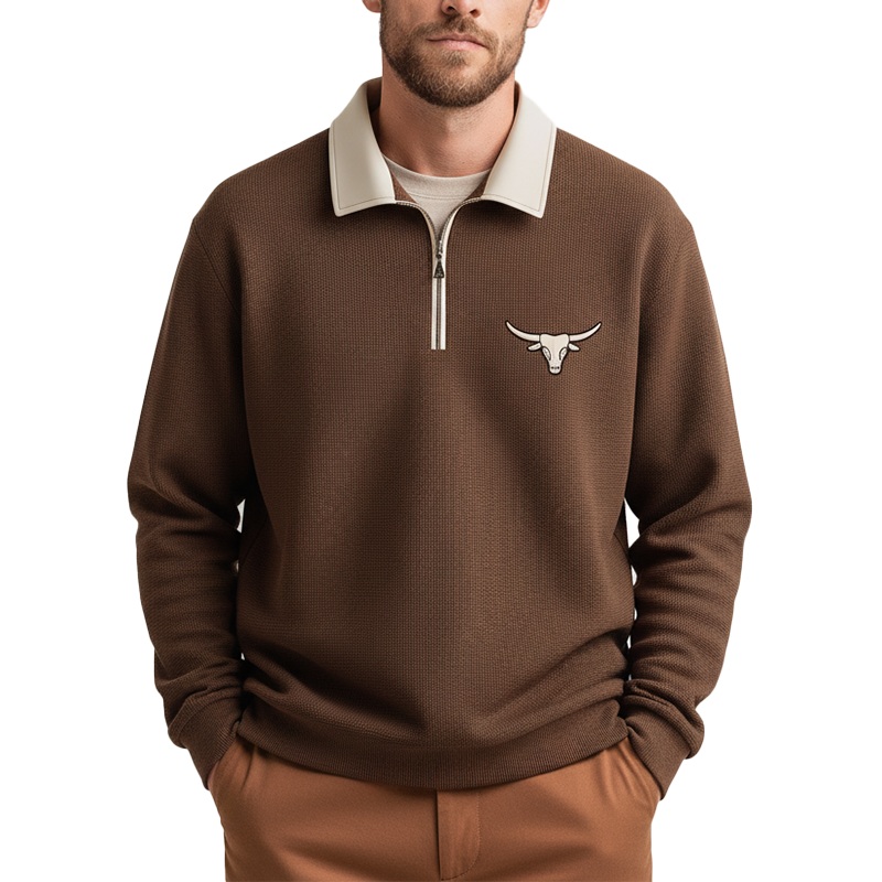 Men’s Fashionable Bull Head Embroidered Waffle Polyester Blend Half-Zip Sweatshirt MTA2747J1P Brown