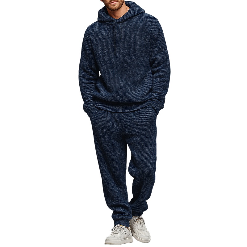 Men’s Retro Casual Knit Hoodie And Pants Two-Piece Set MTA2819J9TO Navy