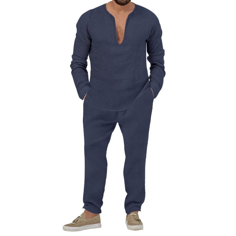 Men’s Solid Loose V Neck Long Sleeve T-shirt Trousers Casual Set 47594020Z Navy Blue
