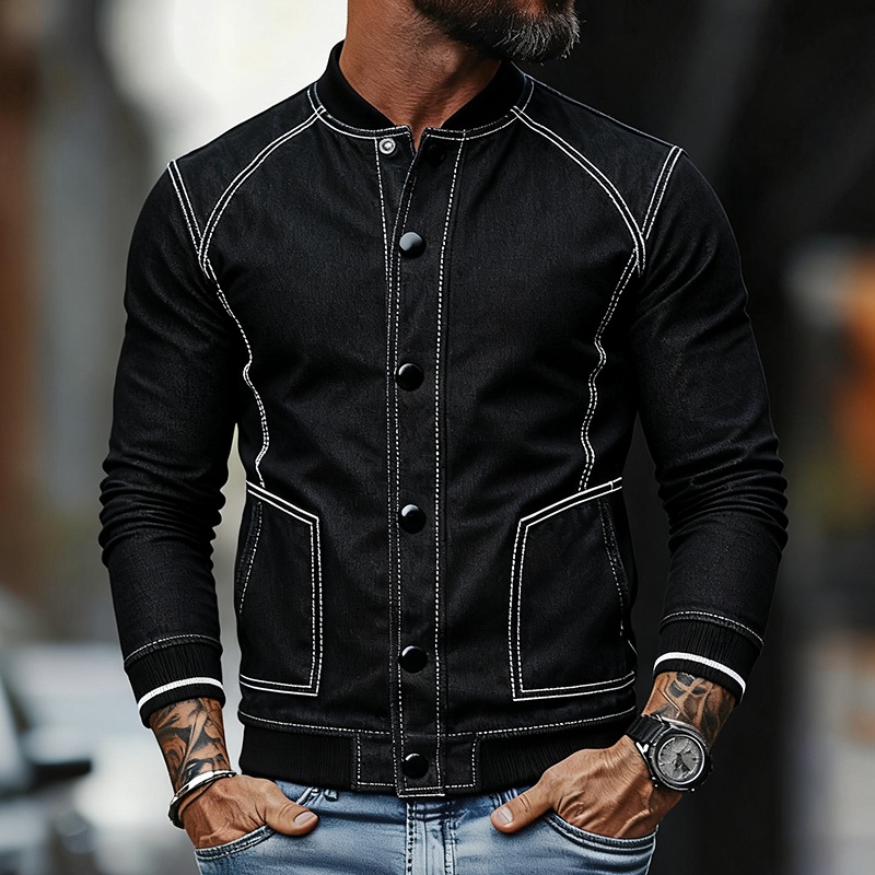 Men’s Casual Color-blocked Washed Baseball Collar Button Jacket MTA2919J8X Black