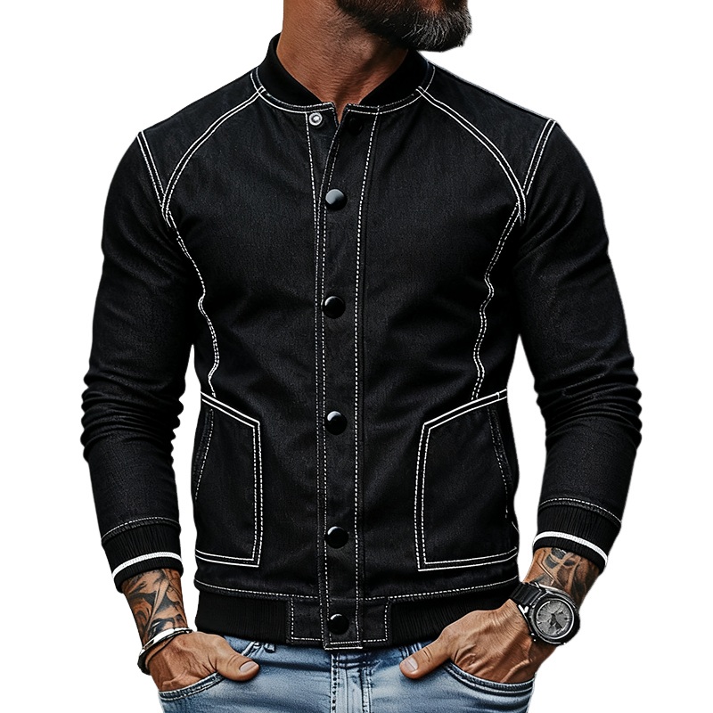 Men’s Casual Color-blocked Washed Baseball Collar Button Jacket MTA2919J8X Black