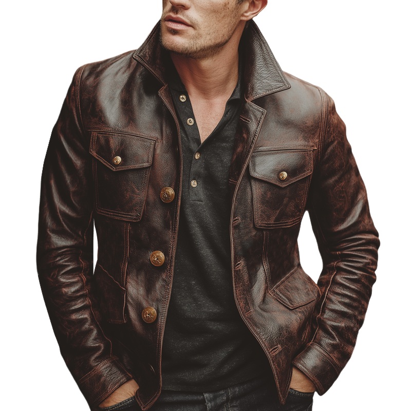 Men’s  Classic Reddish-brown Distressed Button PU Leather Jacket MTA2964J2U Reddish-brown