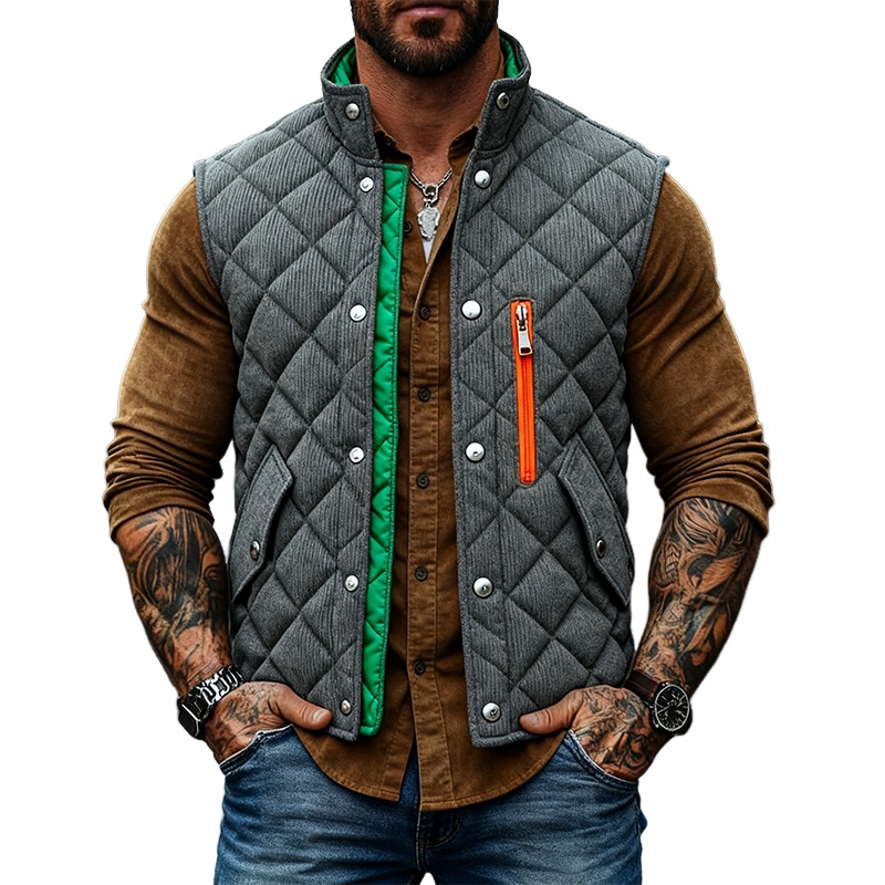 Men’s Corduroy Quilted Color-Blocked Stand Collar Zipper Vest MTA2940J7X Gray